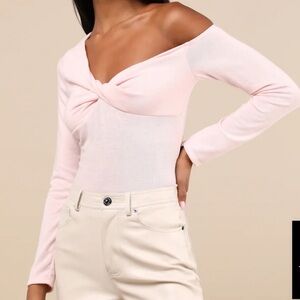 Lulu's Light Pink Twist-Front Off-Shoulder Long Sleeve Top